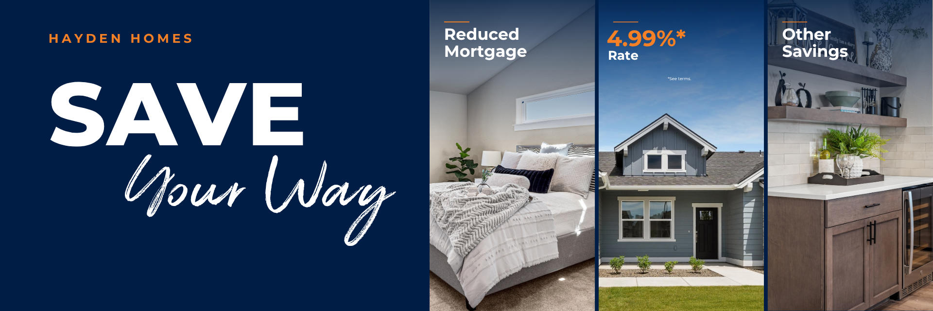 Hayden Homes Save Your Way promotion — reduced mortgage payments, 4.99%* (6.742% APR) rate, and other savings on new homes in Central Washington